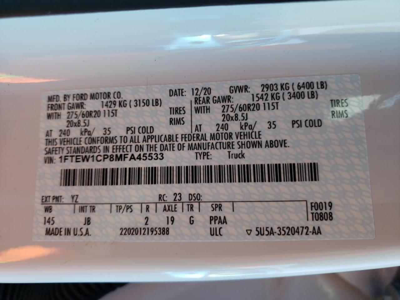 Photo 10 from auction – 2021 FORD F150 SUPER with VIN 1FTEW1CP8MFA45533