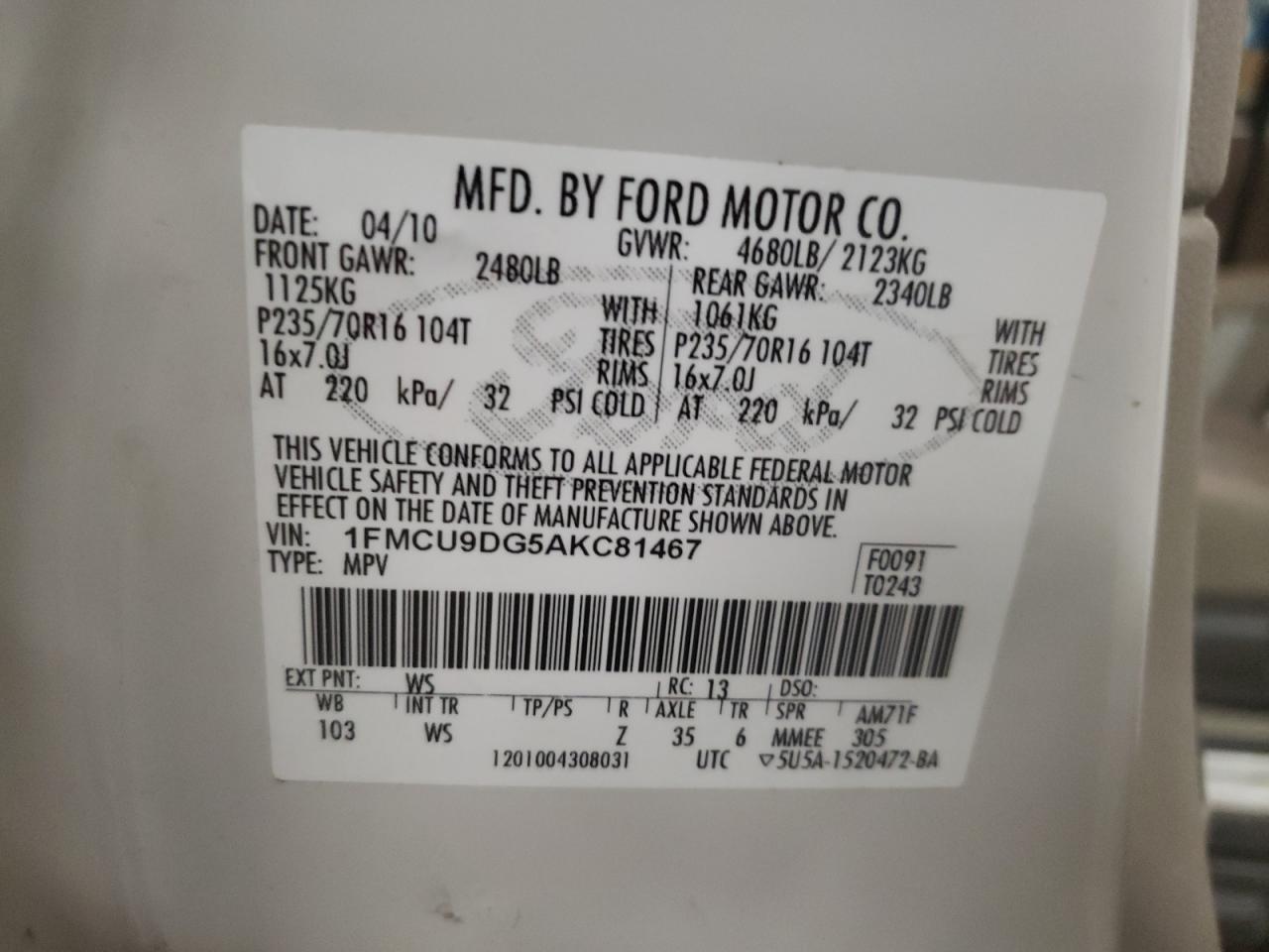 Photo 10 from auction – 2010 FORD ESCAPE XLT with VIN 1FMCU9DG5AKC81467