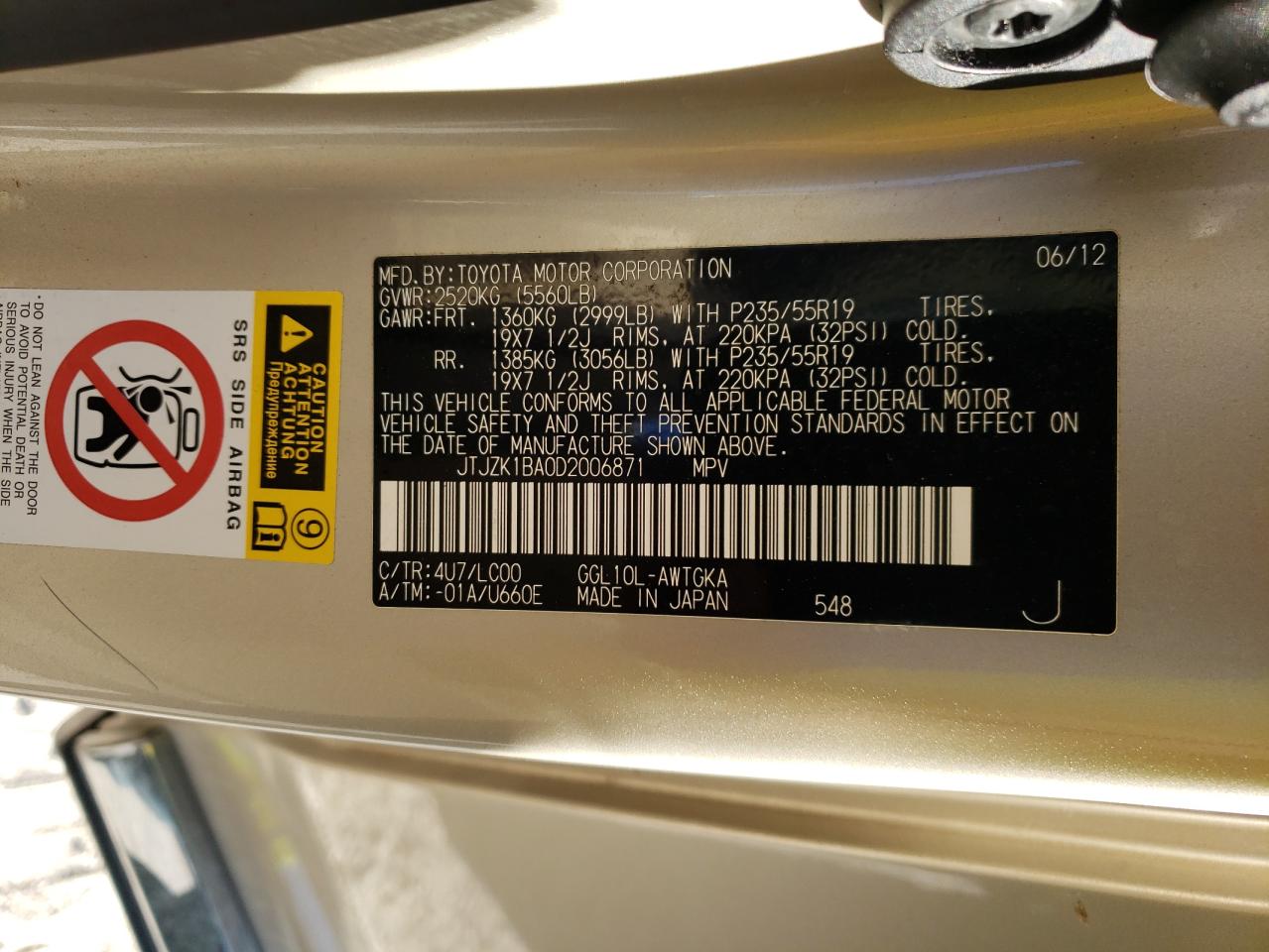 Photo 10 from auction – 2013 LEXUS RX 350 with VIN JTJZK1BA0D2006871