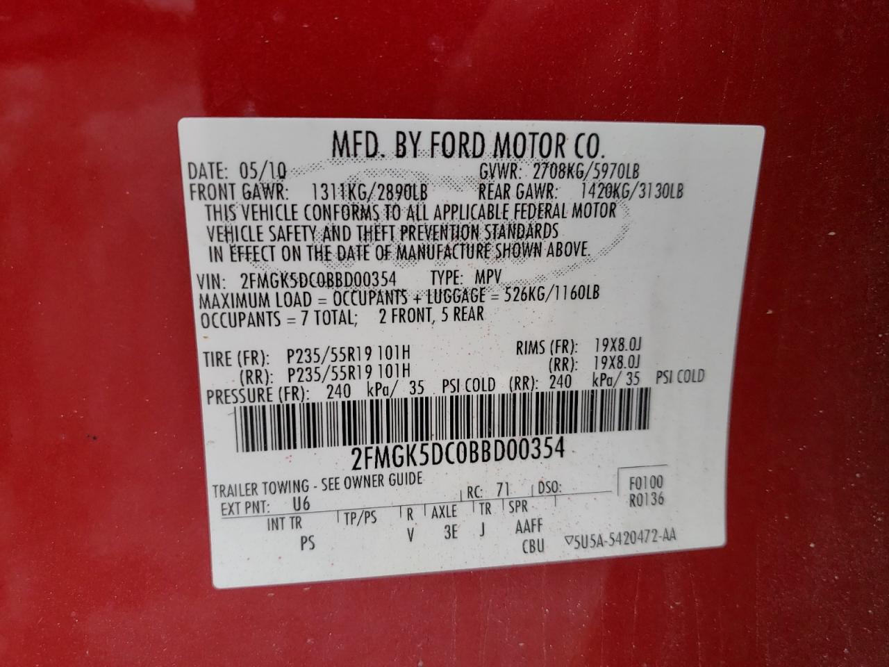Photo 10 from auction – 2011 FORD FLEX LIMIT with VIN 2FMGK5DC0BBD00354