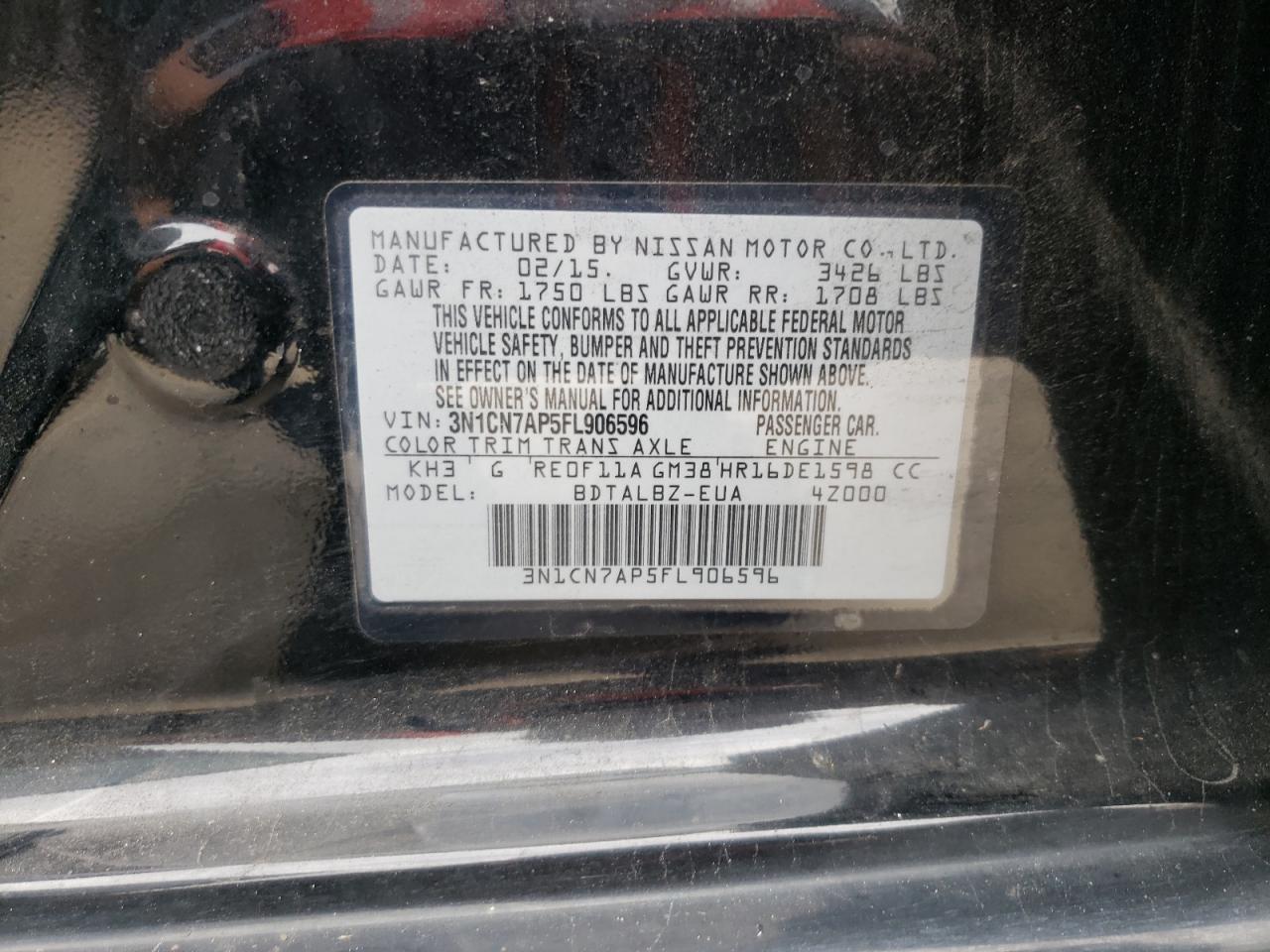 Photo 10 from auction – 2015 NISSAN VERSA S with VIN 3N1CN7AP5FL906596
