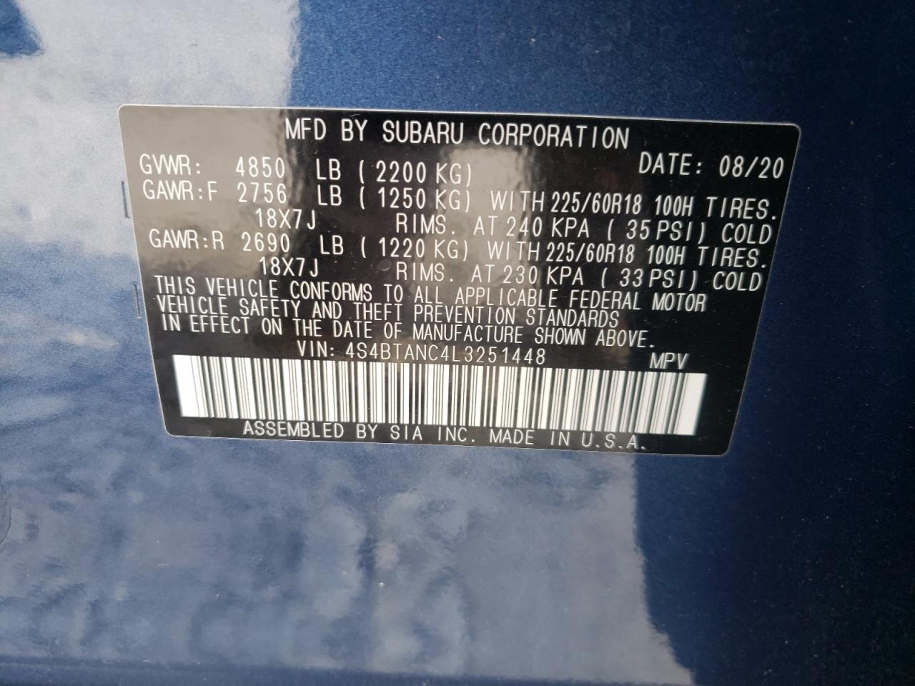 Photo 10 from auction – 2020 SUBARU OUTBACK LI with VIN 4S4BTANC4L3251448