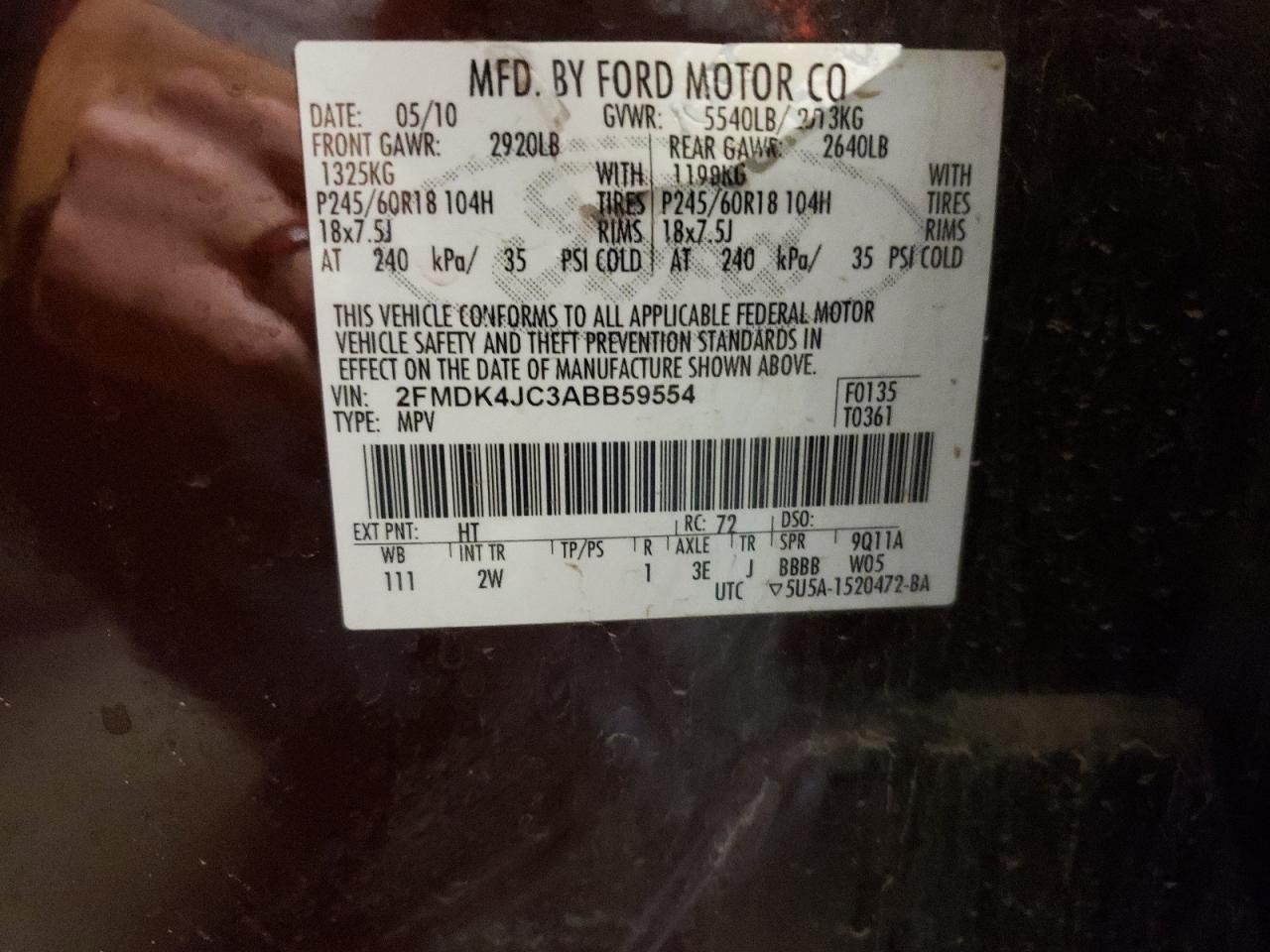 Photo 10 from auction – 2010 FORD EDGE SEL with VIN 2FMDK4JC3ABB59554