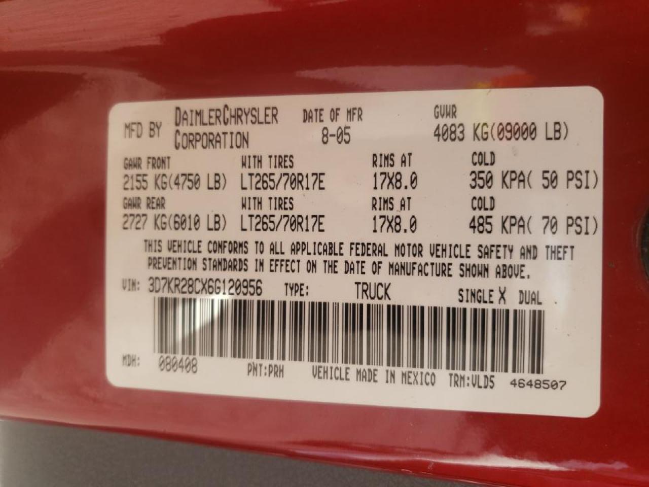 Photo 10 from auction – 2006 DODGE RAM 2500 S with VIN 3D7KR28CX6G120956