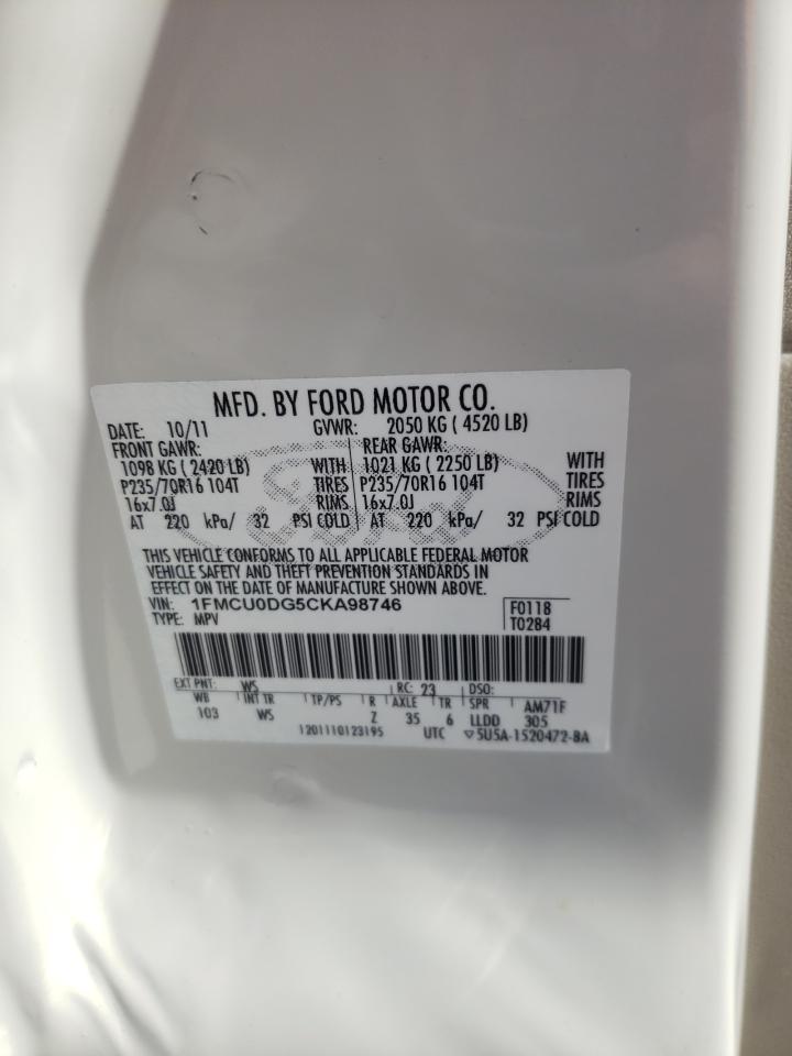 Photo 10 from auction – 2012 FORD ESCAPE XLT with VIN 1FMCU0DG5CKA98746