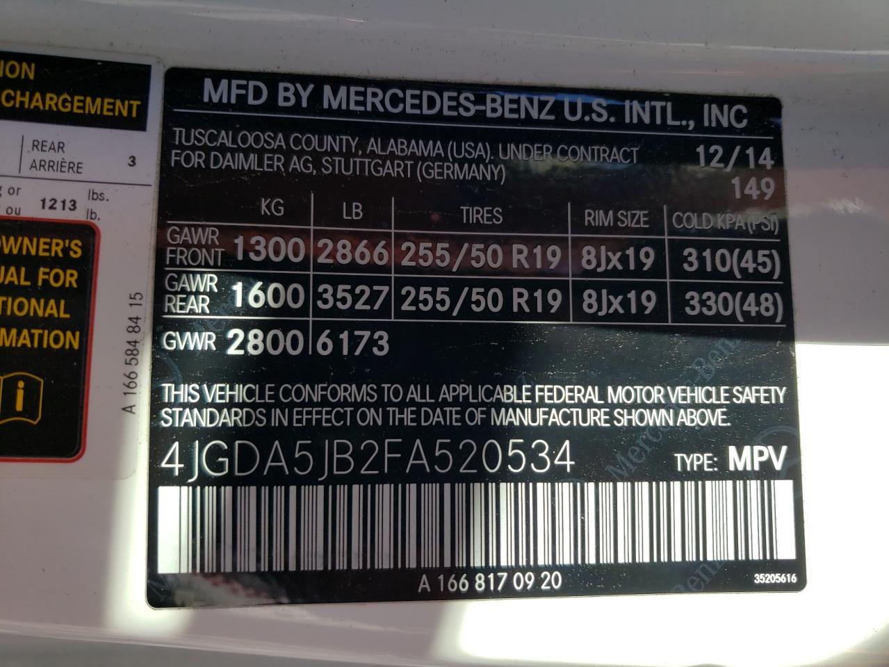 Photo 10 from auction – 2015 MERCEDES-BENZ ML 350 with VIN 4JGDA5JB2FA520534