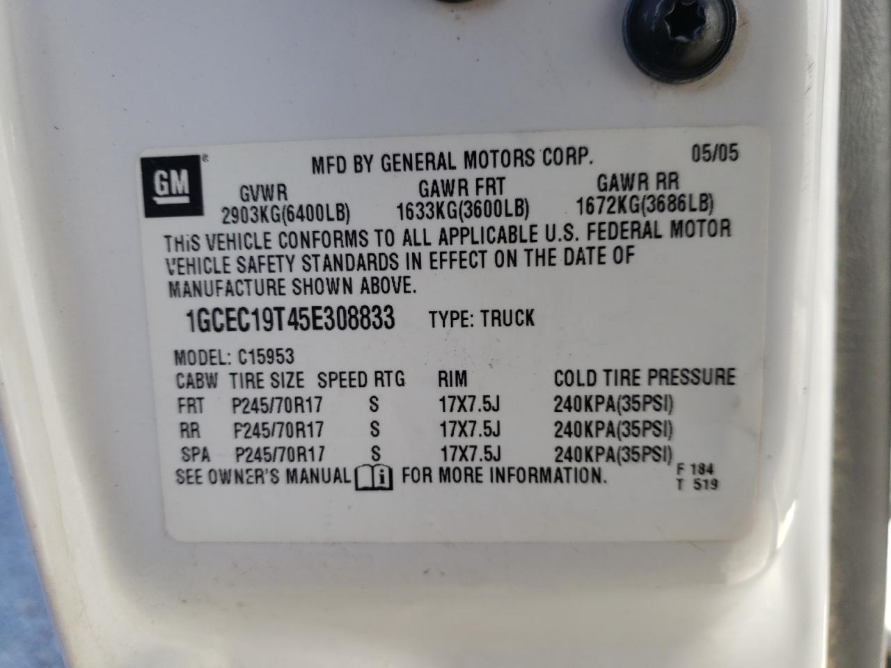 Photo 10 from auction – 2005 CHEVROLET SILVERADO with VIN 1GCEC19T45E308833