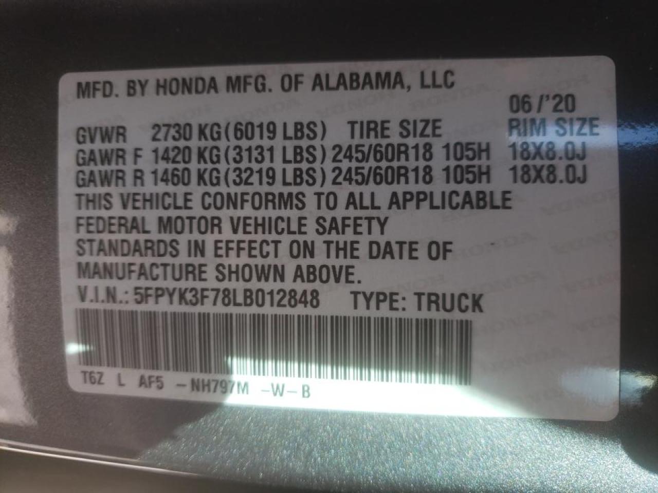 Photo 10 from auction – 2020 HONDA RIDGELINE with VIN 5FPYK3F78LB012848