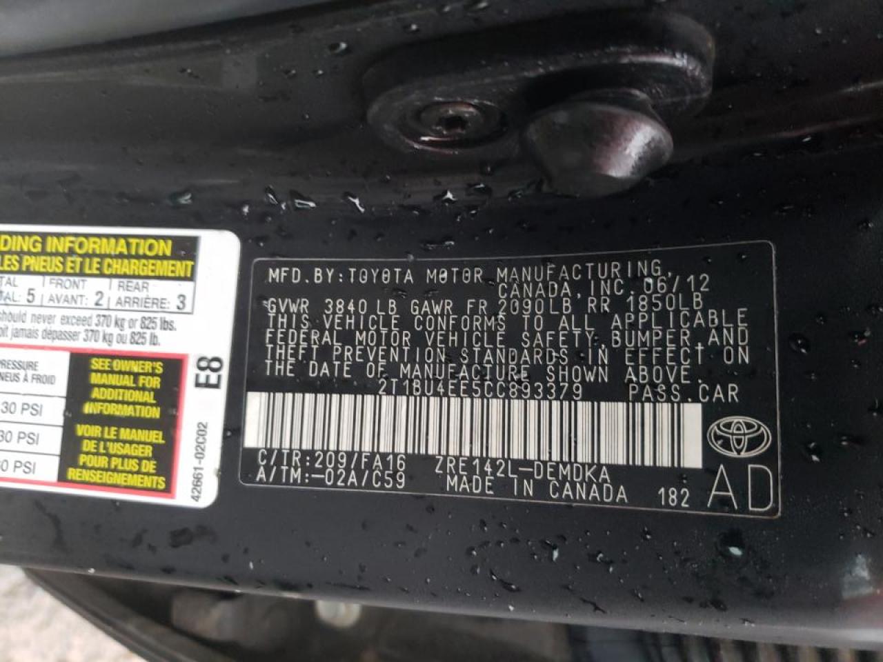 Photo 10 from auction – 2012 TOYOTA COROLLA BA with VIN 2T1BU4EE5CC893379