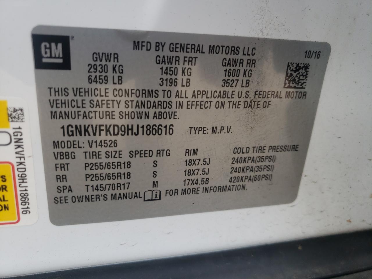 Photo 10 from auction – 2017 CHEVROLET TRAVERSE L with VIN 1GNKVFKD9HJ186616