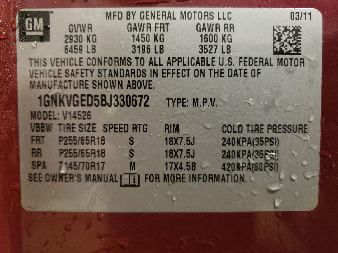 Photo 10 from auction – 2011 CHEVROLET TRAVERSE L with VIN 1GNKVGED5BJ330672
