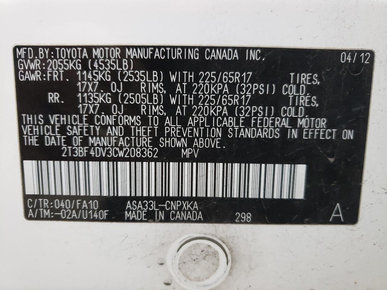 Photo 10 from auction – 2012 TOYOTA RAV4 with VIN 2T3BF4DV3CW208362