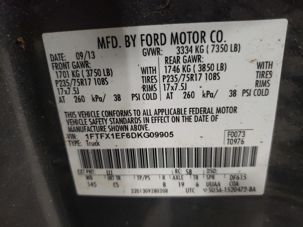 Photo 10 from auction – 2013 FORD F150 SUPER with VIN 1FTFX1EF6DKG09905