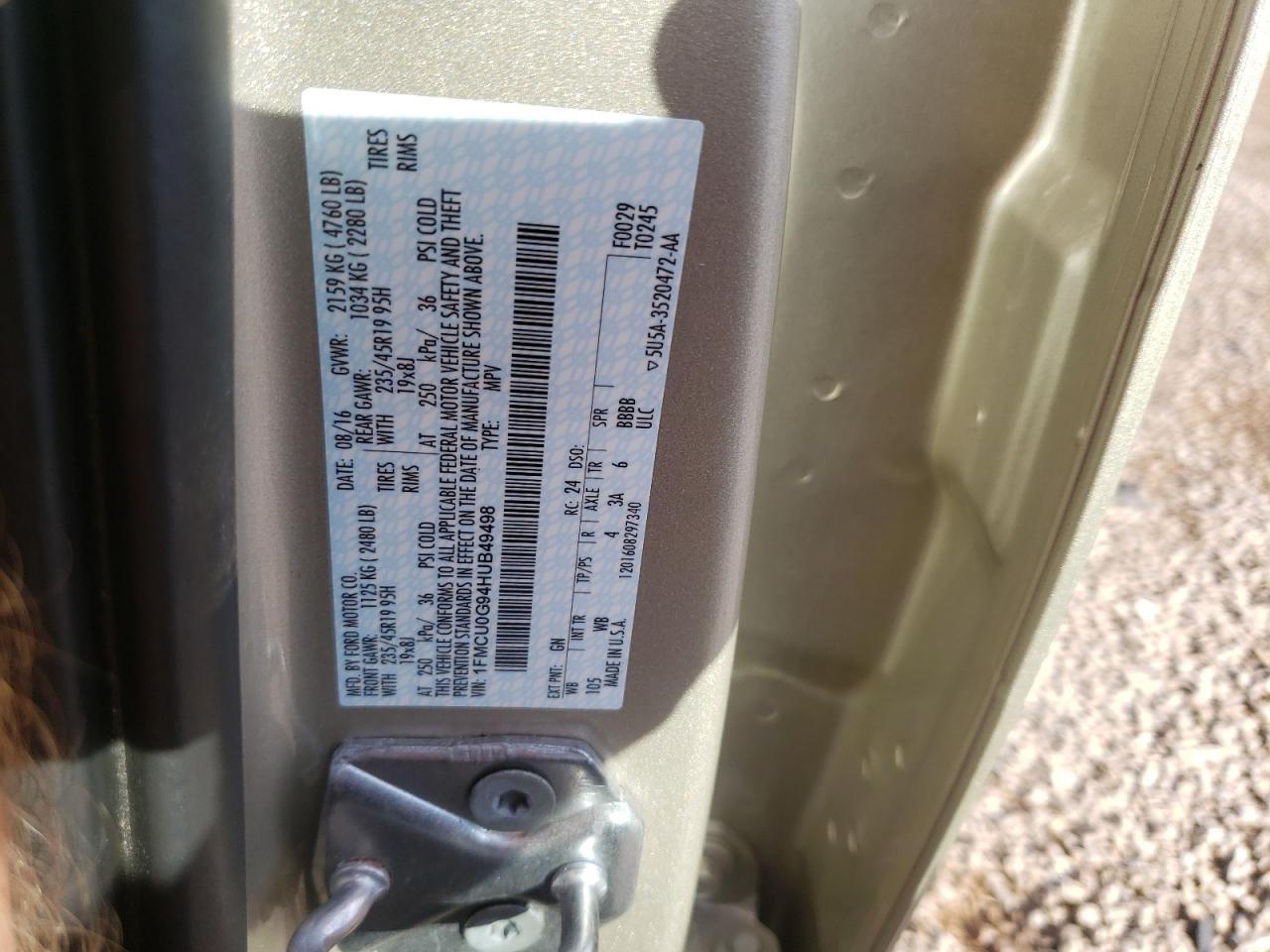Photo 10 from auction – 2017 FORD ESCAPE SE with VIN 1FMCU0G94HUB49498