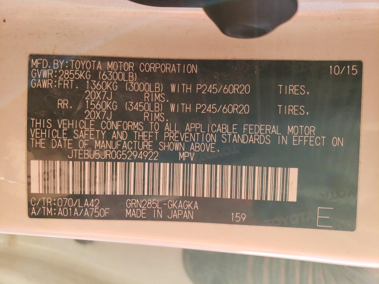 Photo 10 from auction – 2016 TOYOTA 4RUNNER SR with VIN JTEBU5JR0G5294922