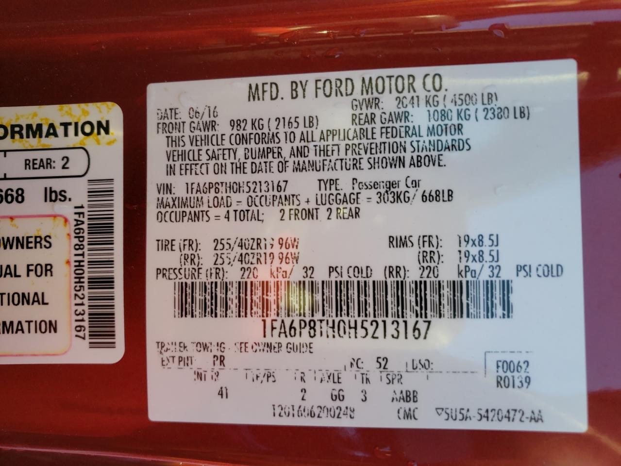 Photo 10 from auction – 2017 FORD MUSTANG with VIN 1FA6P8TH0H5213167