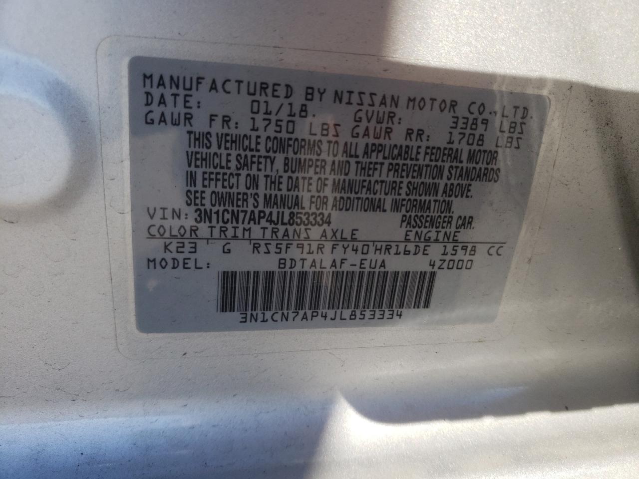 Photo 10 from auction – 2018 NISSAN VERSA S with VIN 3N1CN7AP4JL853334