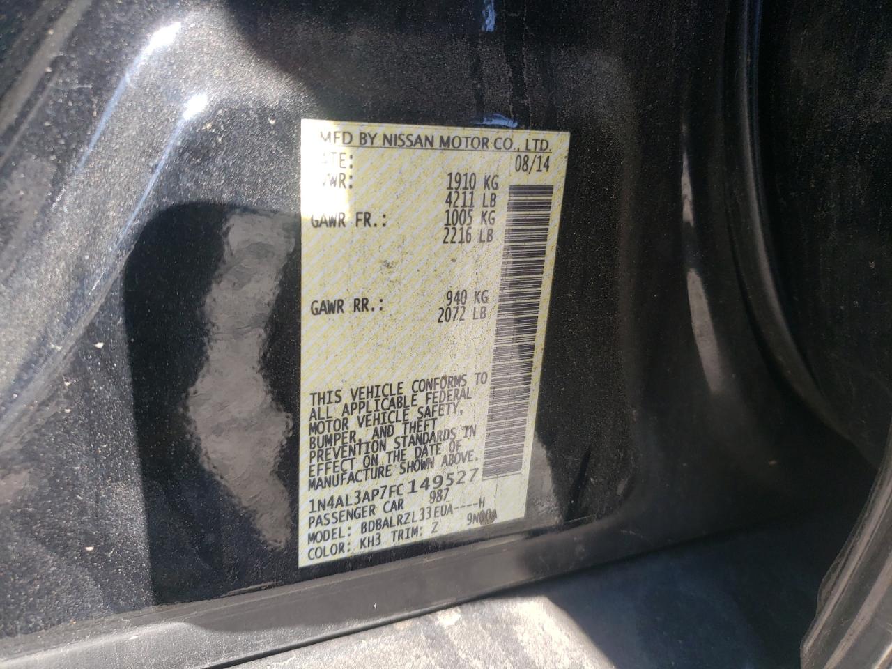 Photo 10 from auction – 2015 NISSAN ALTIMA 2.5 with VIN 1N4AL3AP7FC149527