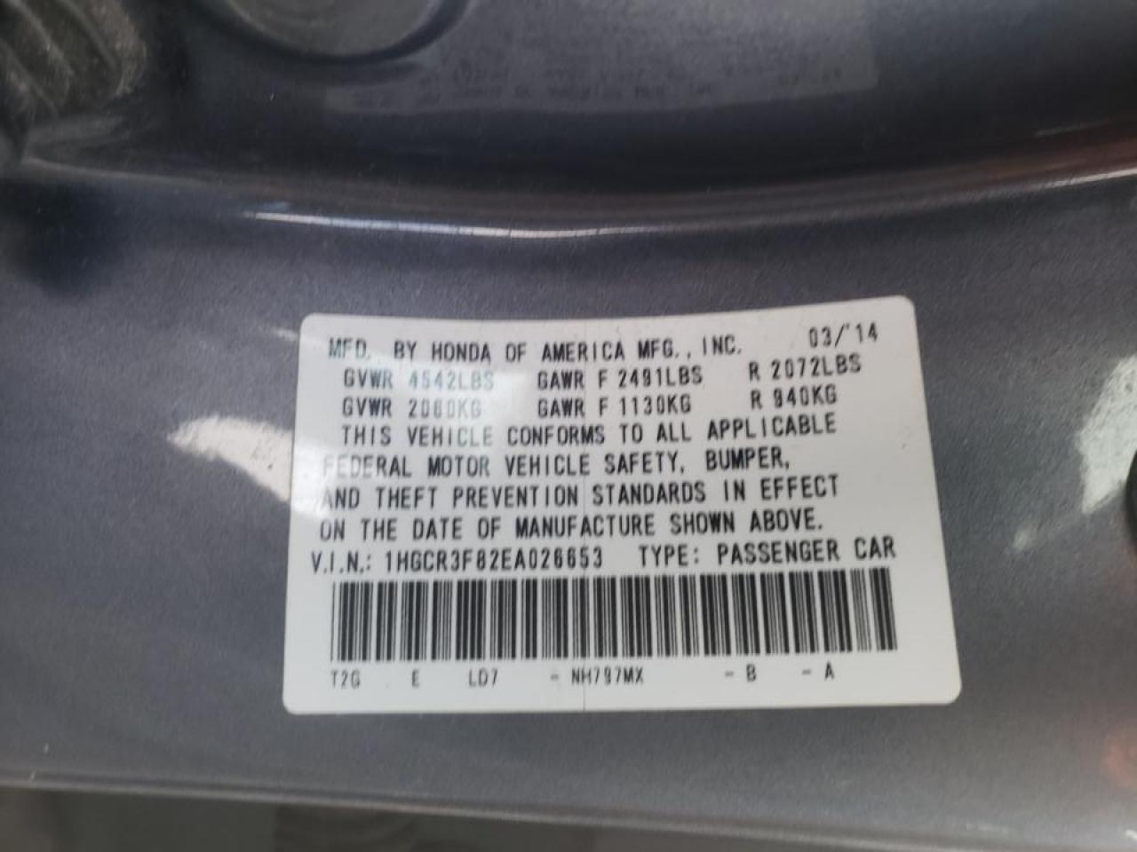 Photo 10 from auction – 2014 HONDA ACCORD EXL with VIN 1HGCR3F82EA026653
