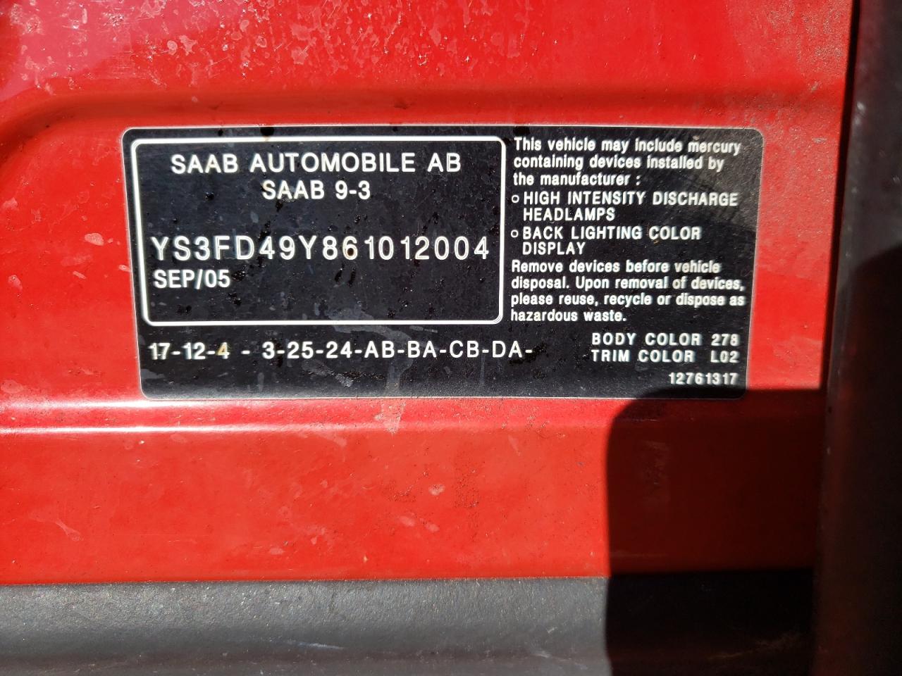 Photo 10 from auction – 2006 SAAB 9-3 with VIN YS3FD49Y861012004