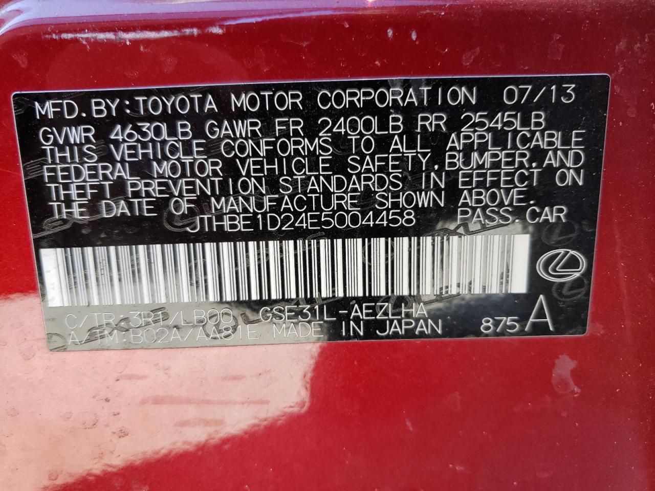 Photo 10 from auction – 2014 LEXUS IS 350 with VIN JTHBE1D24E5004458