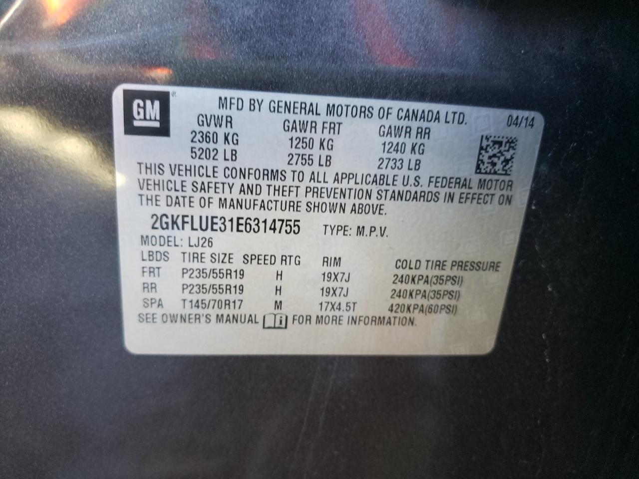 Photo 10 from auction – 2014 GMC TERRAIN DE with VIN 2GKFLUE31E6314755