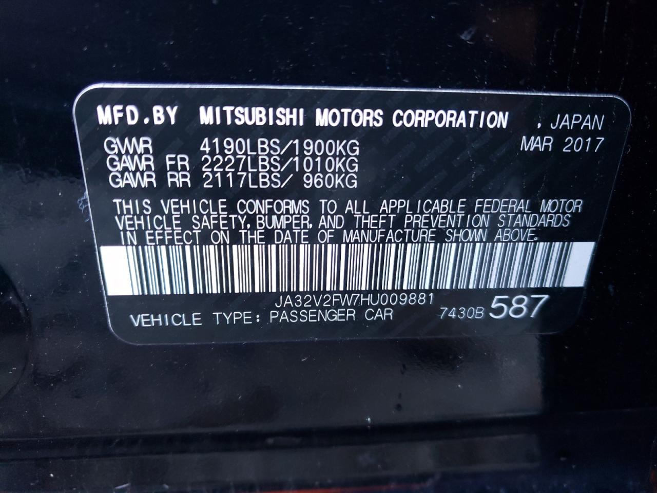 Photo 10 from auction – 2017 MITSUBISHI LANCER ES with VIN JA32V2FW7HU009881