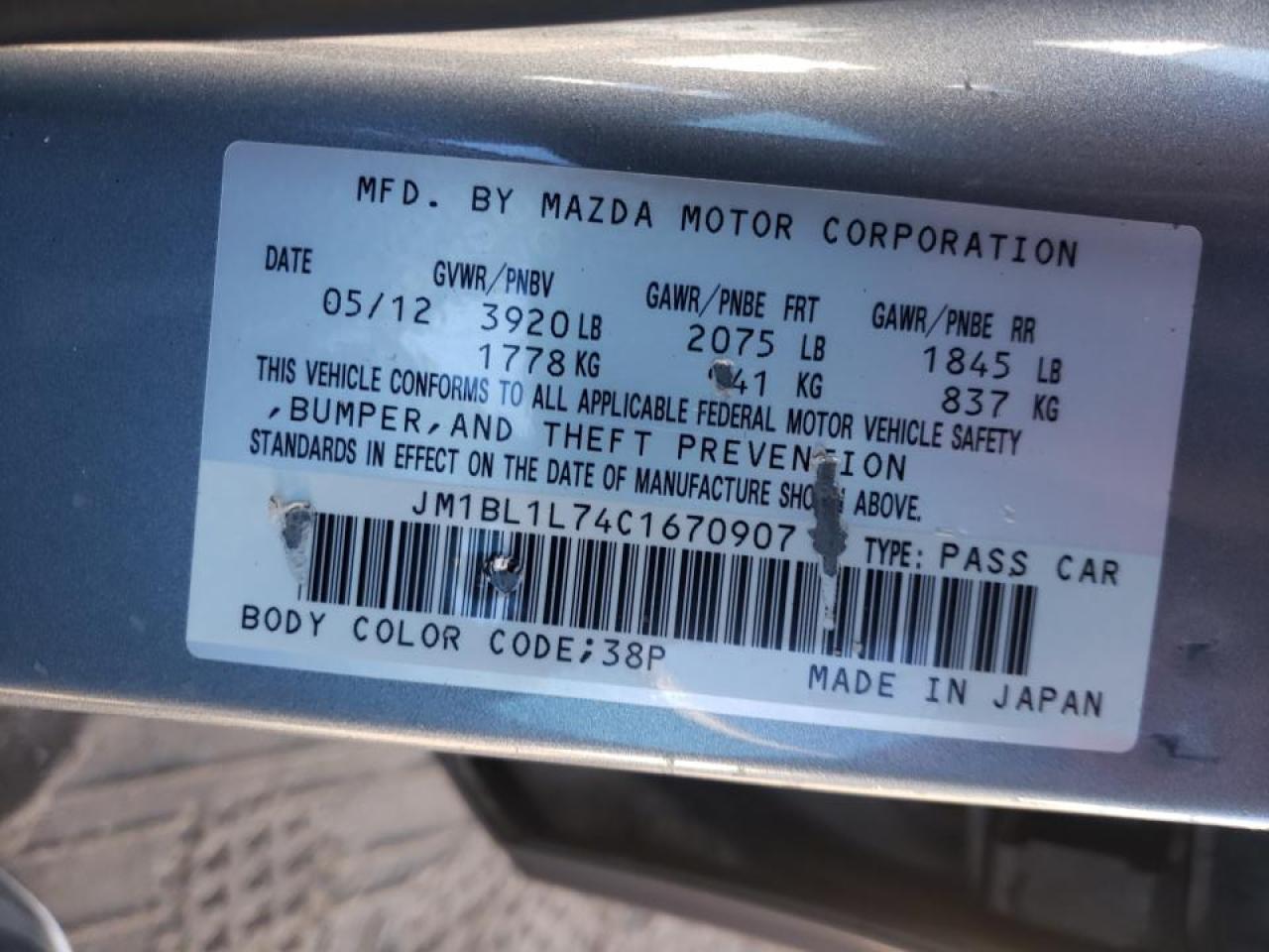 Photo 10 from auction – 2012 MAZDA 3 I with VIN JM1BL1L74C1670907