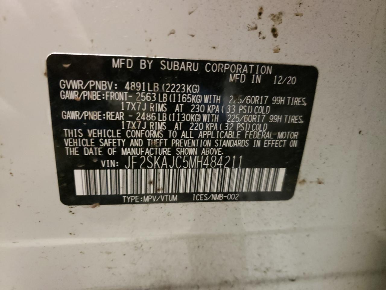 Photo 10 from auction – 2021 SUBARU FORESTER P with VIN JF2SKAJC5MH484211