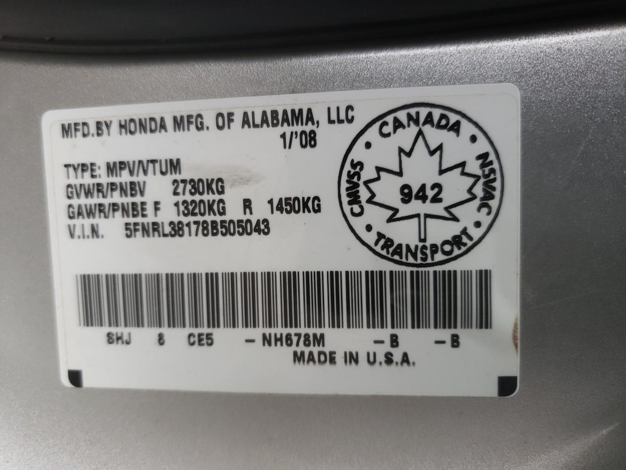 Photo 10 from auction – 2008 HONDA ODYSSEY LX with VIN 5FNRL38178B505043