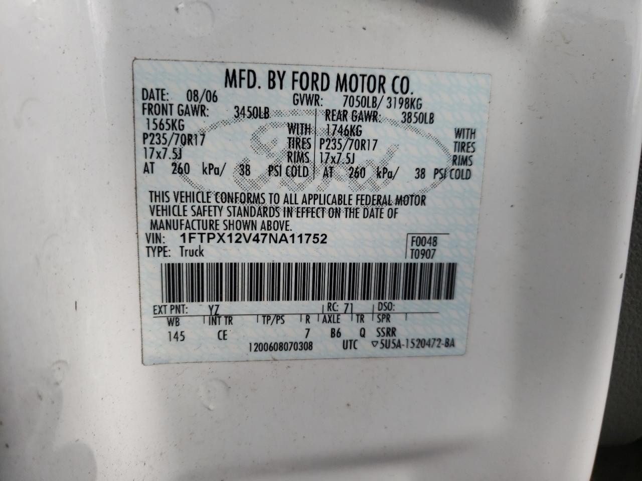 Photo 10 from auction – 2007 FORD F150 with VIN 1FTPX12V47NA11752