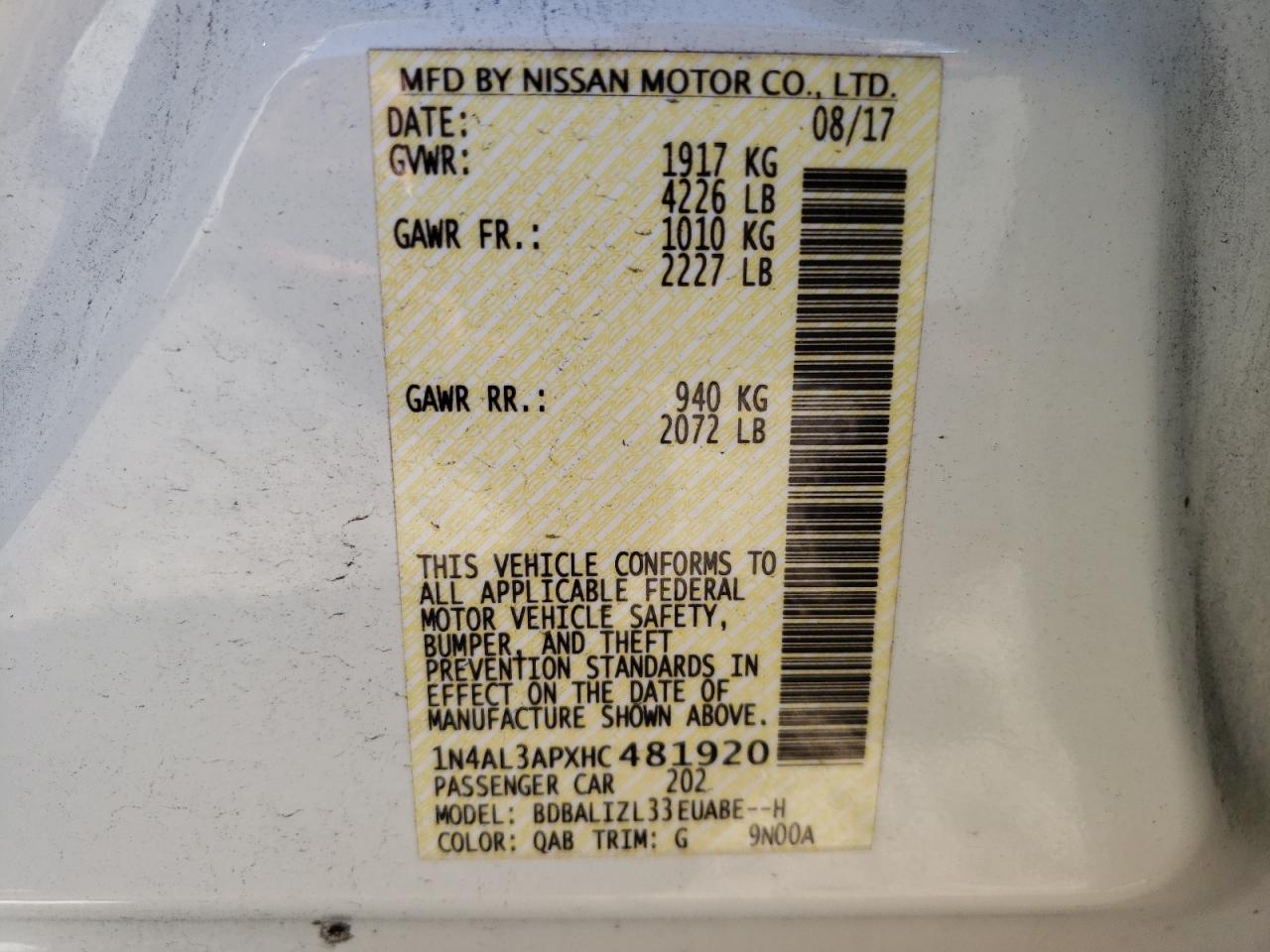 Photo 10 from auction – 2017 NISSAN ALTIMA 2.5 with VIN 1N4AL3APXHC481920