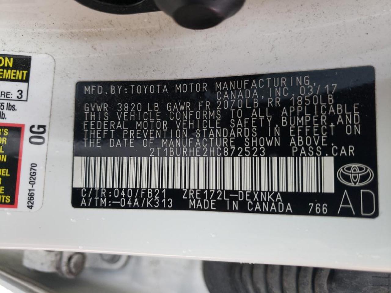 Photo 10 from auction – 2017 TOYOTA COROLLA L with VIN 2T1BURHE2HC872523