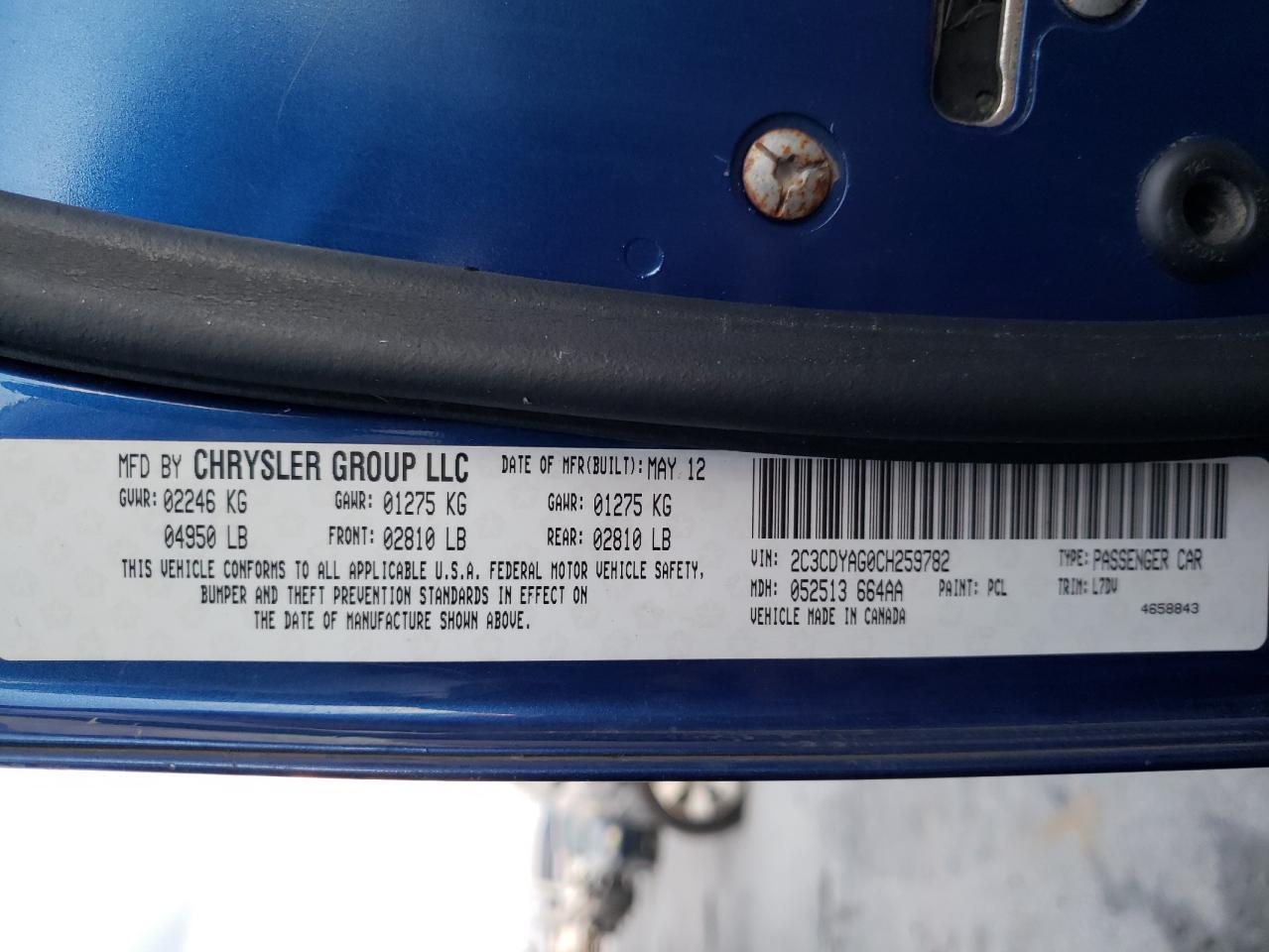 Photo 10 from auction – 2012 DODGE CHALLENGER with VIN 2C3CDYAG0CH259782
