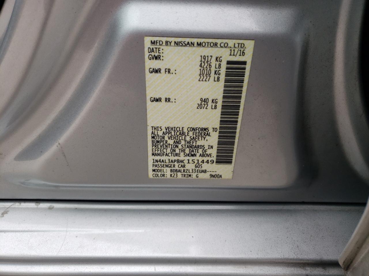 Photo 10 from auction – 2017 NISSAN ALTIMA 2.5 with VIN 1N4AL3AP8HC151449