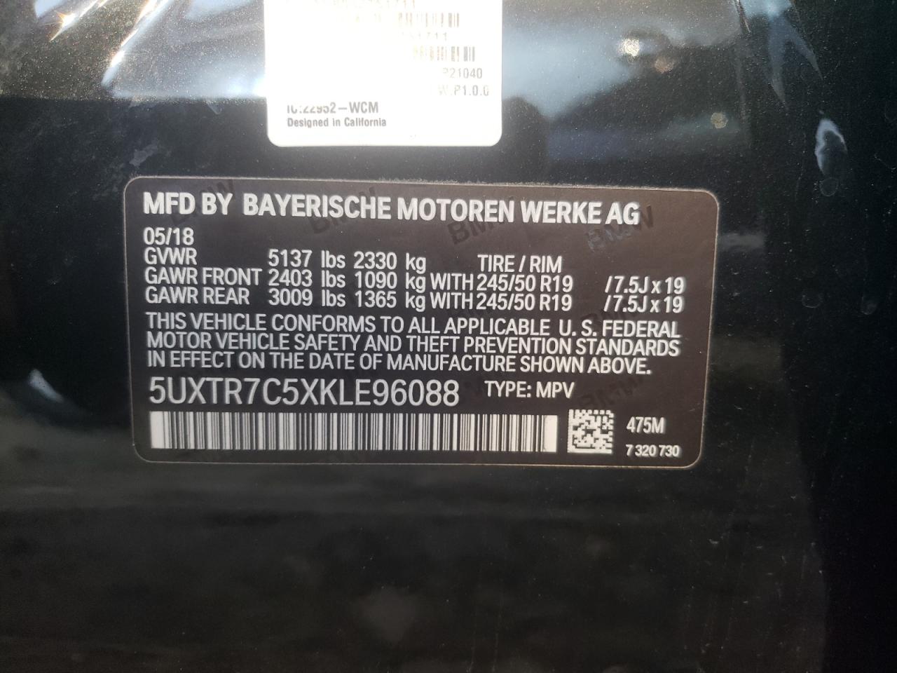 Photo 10 from auction – 2019 BMW X3 SDRIVE3 with VIN 5UXTR7C5XKLE96088