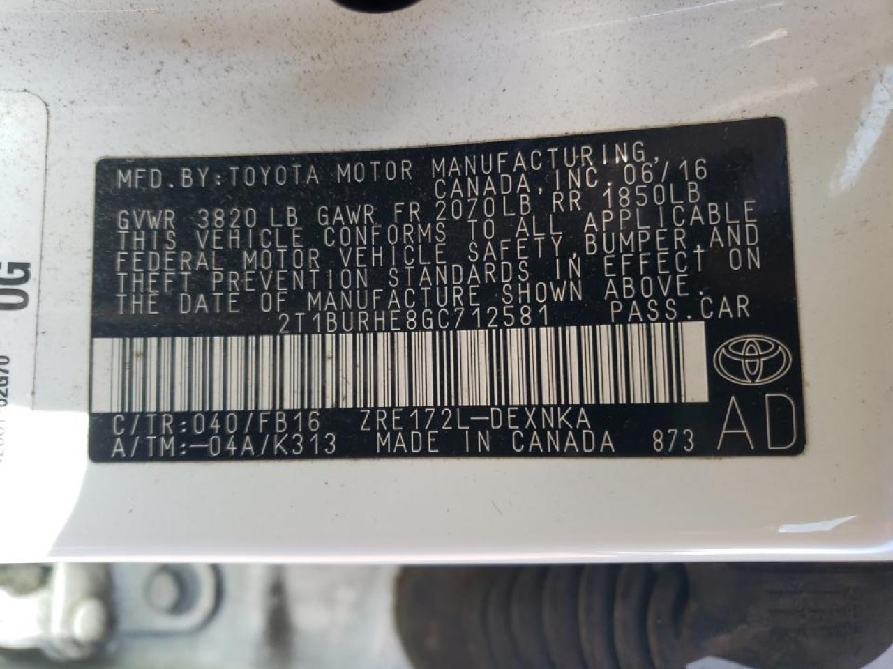 Photo 10 from auction – 2016 TOYOTA COROLLA L with VIN 2T1BURHE8GC712581