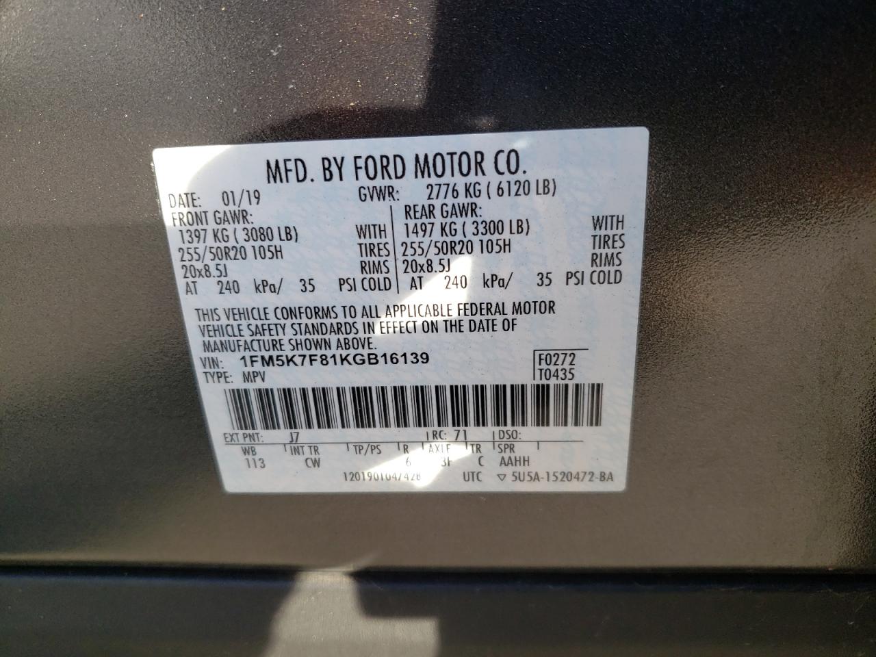 Photo 10 from auction – 2019 FORD EXPLORER L with VIN 1FM5K7F81KGB16139