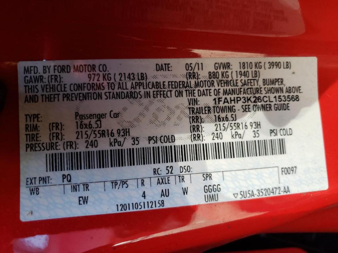 Photo 10 from auction – 2012 FORD FOCUS SE with VIN 1FAHP3K26CL153568