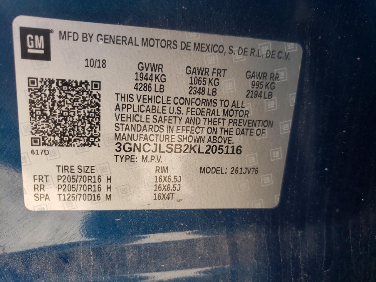Photo 10 from auction – 2019 CHEVROLET TRAX 1LT with VIN 3GNCJLSB2KL205116