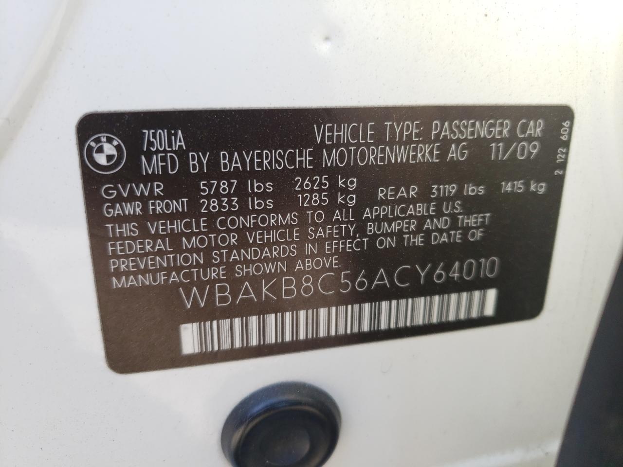 Photo 10 from auction – 2010 BMW 750 LI with VIN WBAKB8C56ACY64010