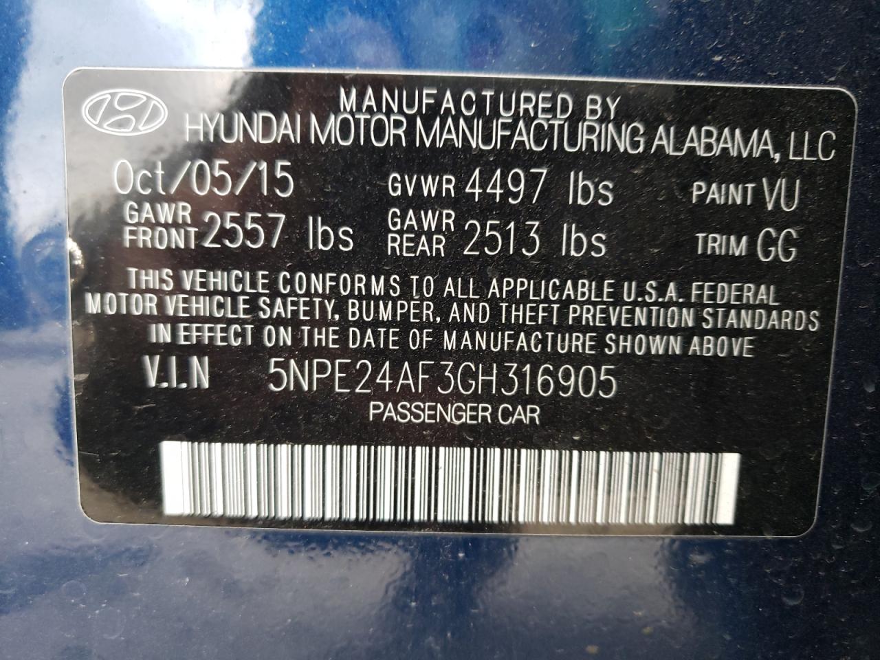 Photo 10 from auction – 2016 HYUNDAI SONATA SE with VIN 5NPE24AF3GH316905