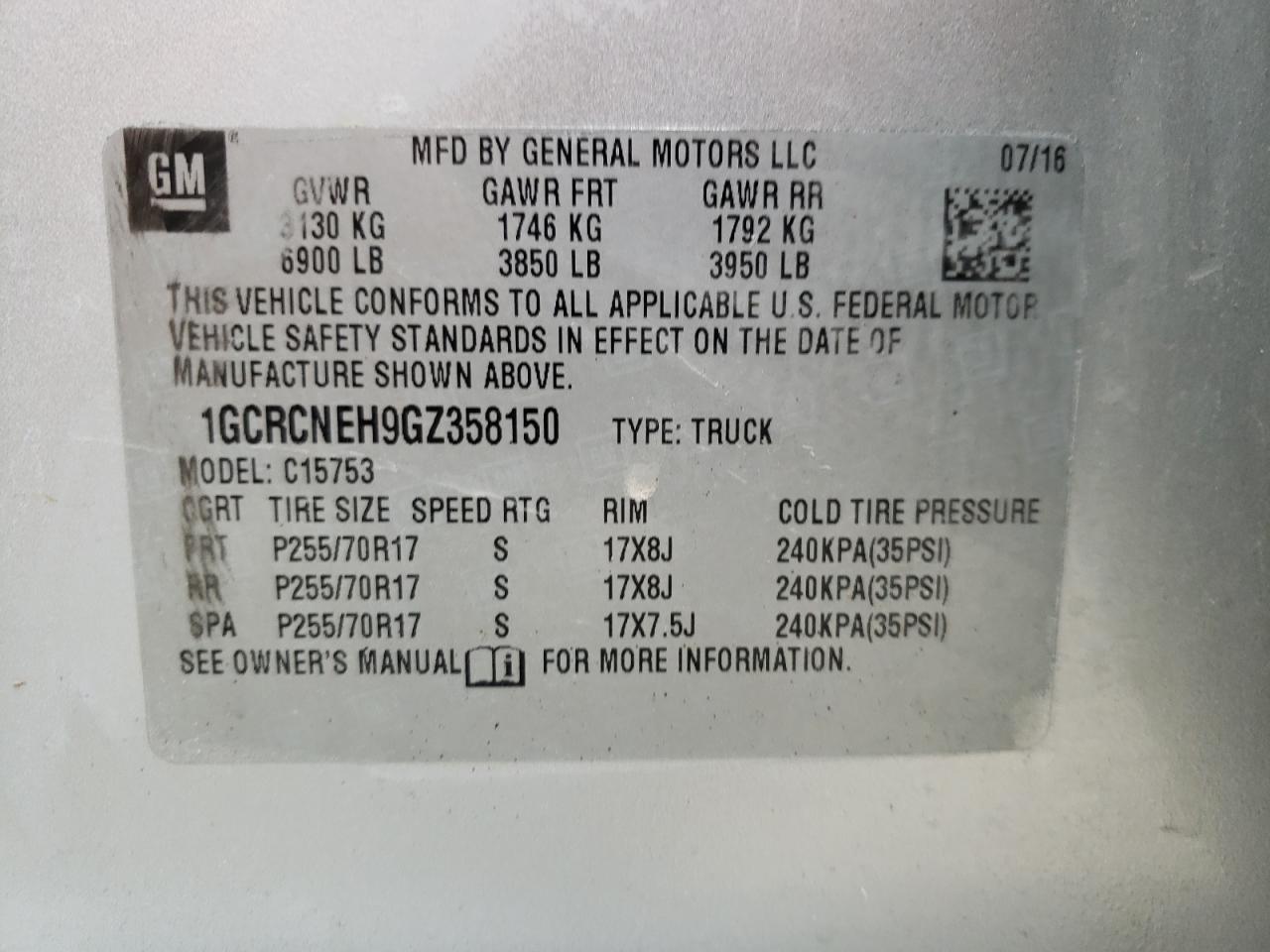 Photo 10 from auction – 2016 CHEVROLET SILVERADO with VIN 1GCRCNEH9GZ358150