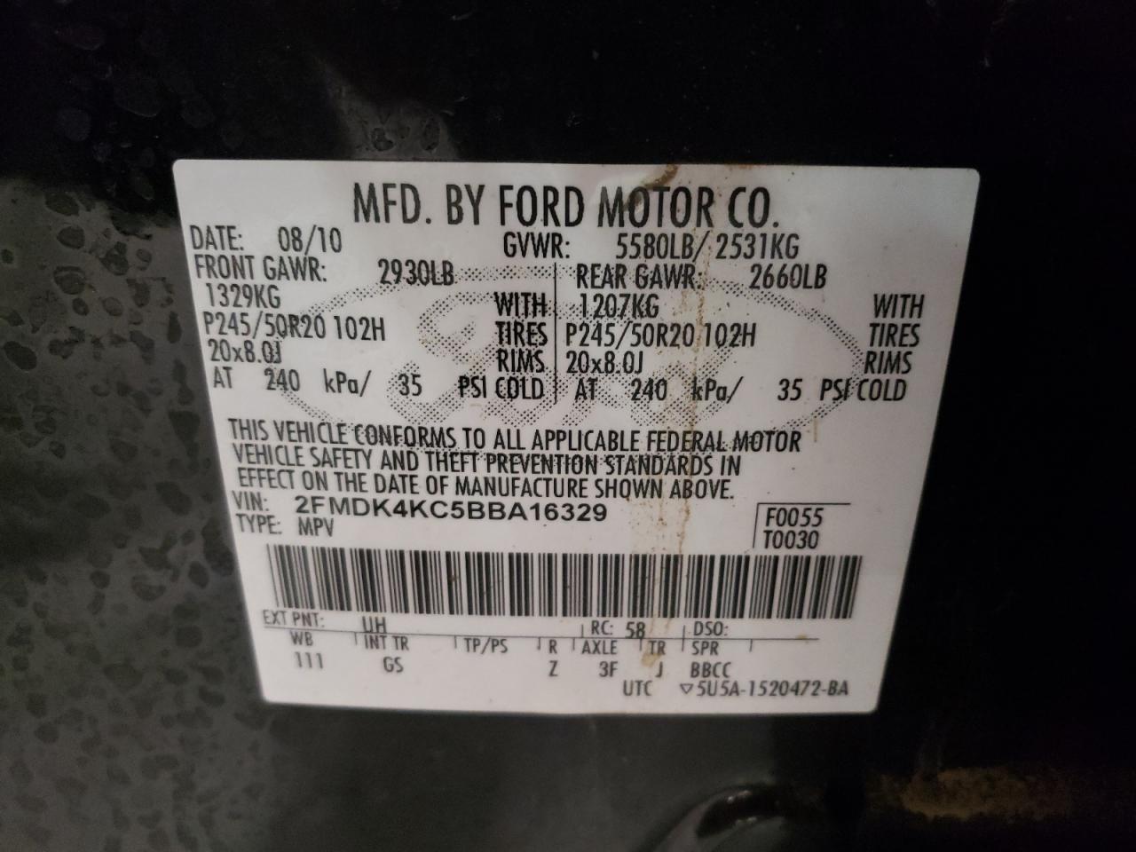 Photo 10 from auction – 2011 FORD EDGE LIMIT with VIN 2FMDK4KC5BBA16329