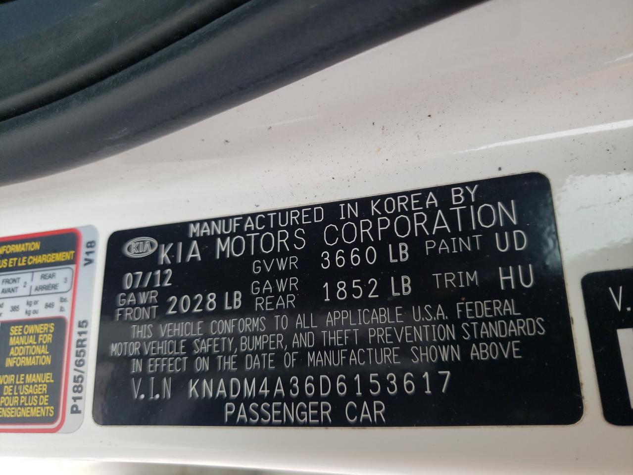 Photo 10 from auction – 2013 KIA RIO LX with VIN KNADM4A36D6153617