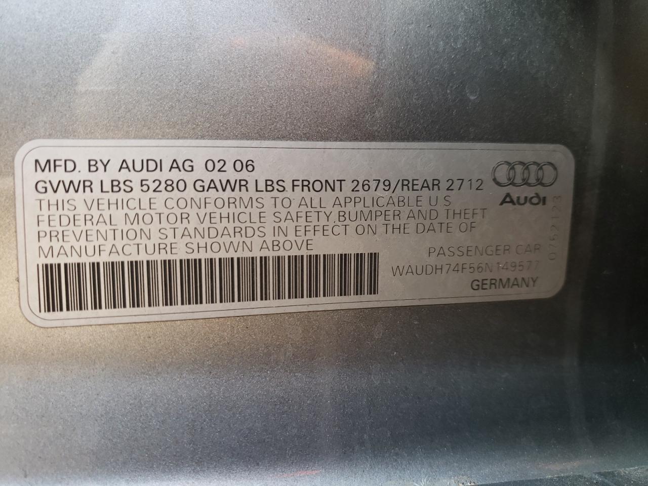 Photo 10 from auction – 2006 AUDI A6 3.2 QUA with VIN WAUDH74F56N149577