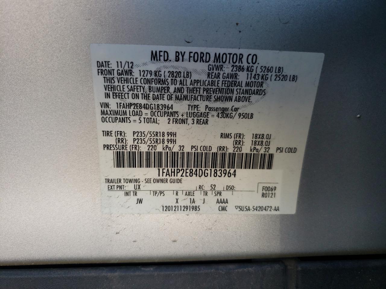 Photo 10 from auction – 2013 FORD TAURUS SEL with VIN 1FAHP2E84DG183964