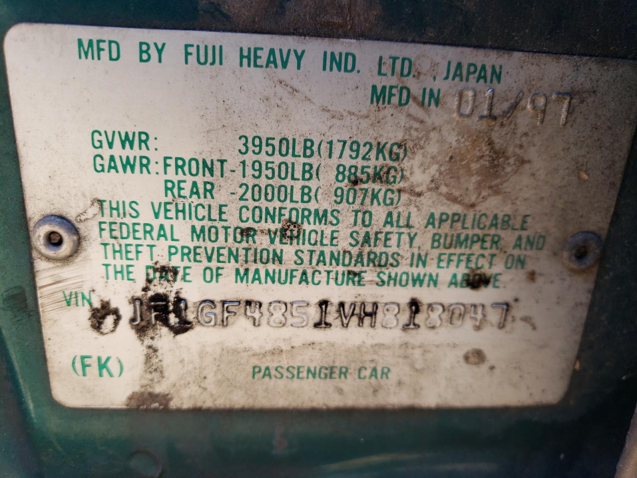 Photo 10 from auction – 1997 SUBARU IMPREZA OU with VIN JF1GF4851VH818047