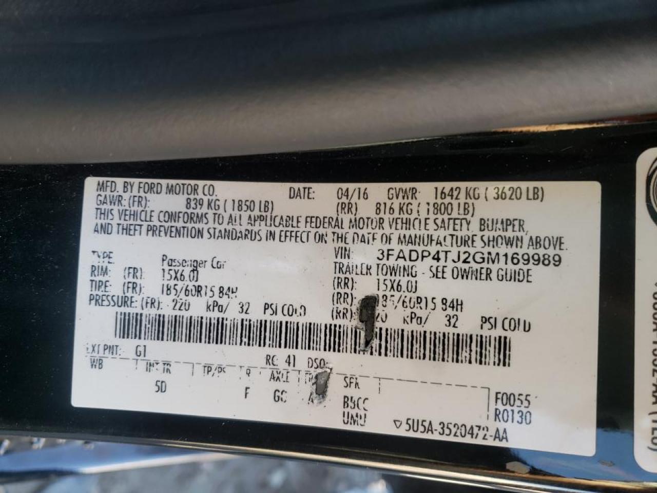 Photo 10 from auction – 2016 FORD FIESTA S with VIN 3FADP4TJ2GM169989