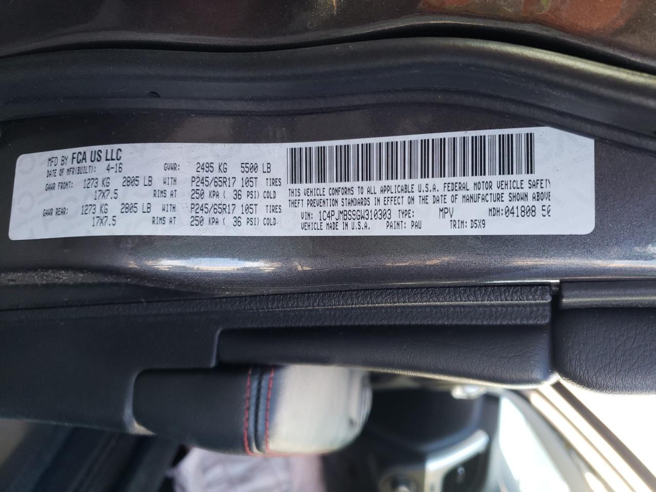 Photo 10 from auction – 2016 JEEP CHEROKEE T with VIN 1C4PJMBS9GW310303